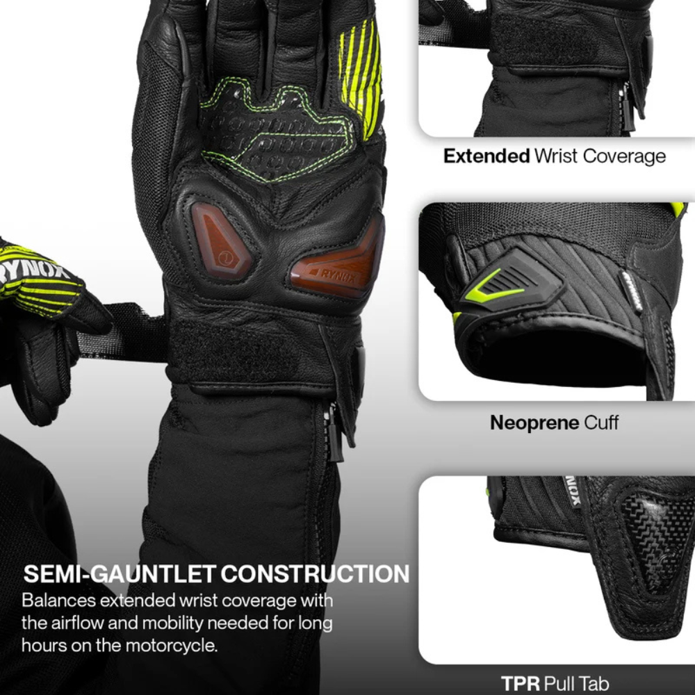 Rynox Tornado Pro 5 sport touring gloves in black and hi-viz green with TPR finger-joint protectors