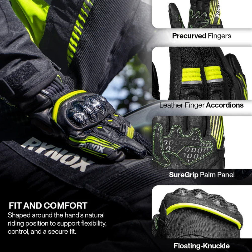 Rynox Tornado Pro 5 black hi-viz green riding gloves with silicone-printed SureGrip palm panel