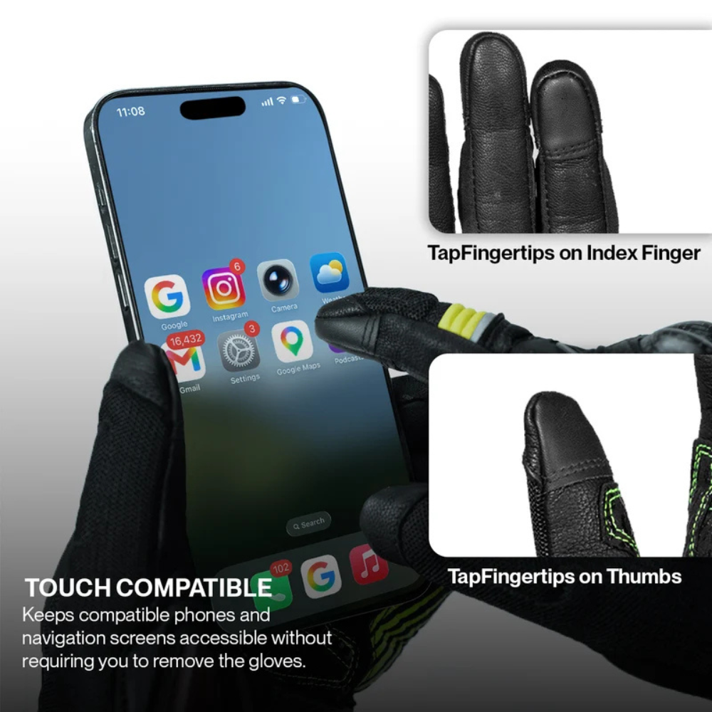 Rynox Tornado Pro 5 black hi-viz green gloves with TapFingertips touchscreen-compatible index finger