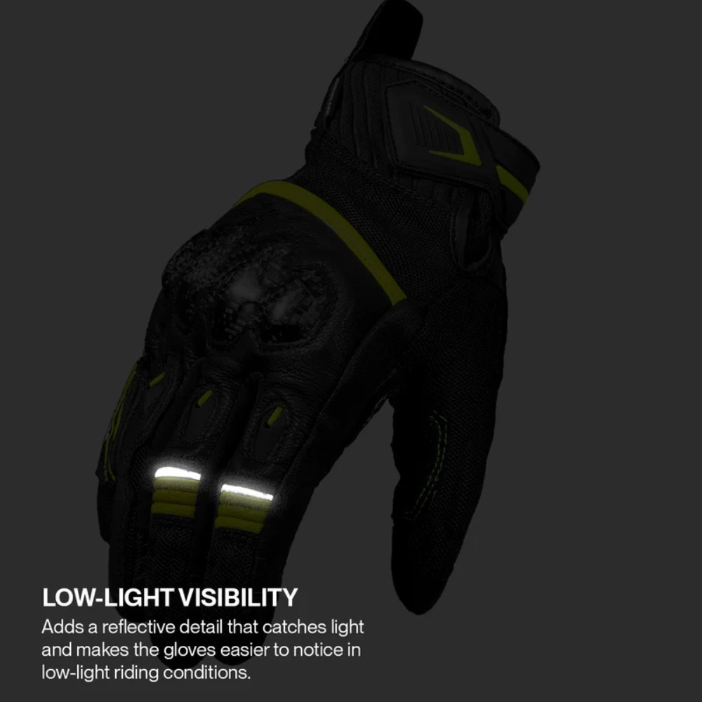 Rynox Tornado Pro 5 black hi-viz green motorcycle gloves shown against a dark gray background with text highlighting low-light visibility.