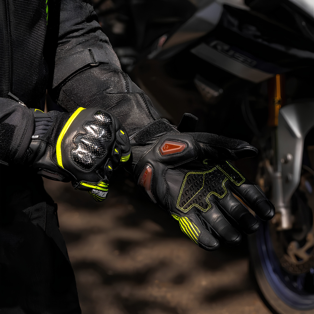 Rynox Tornado Pro 5 black hi-viz green gloves featuring FAST-R palm sliders with D3O impact foam