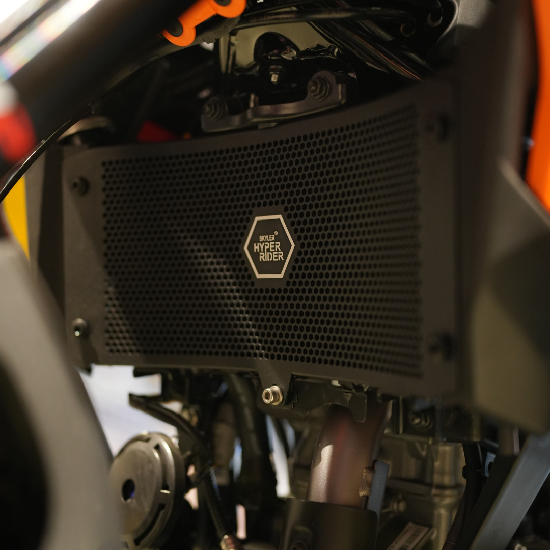 Hyperrider’s high-quality radiator guard for the 2025 KTM ADV 390 X, designed for rugged terrain.