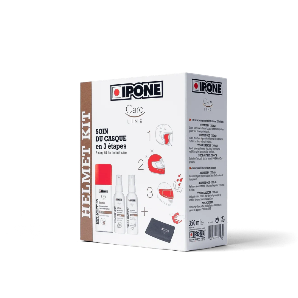 IPONE Care Line Helmet Kit retail box, 350 ml, featuring a white and brown design with product illustrations and step-by-step care instructions.