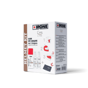 IPONE Care Line Helmet Kit retail box, 350 ml, featuring a white and brown design with product illustrations and step-by-step care instructions.