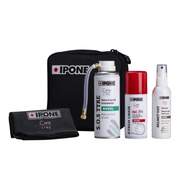 IPONE Road Trip Kit with waterproof pouch, chain grease, puncture repair spray, helmet cleaner and wipe