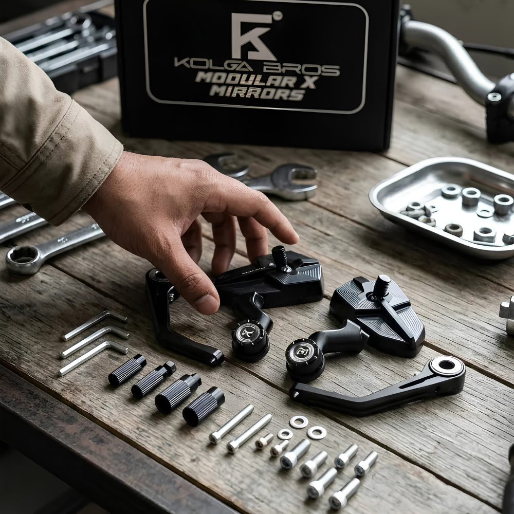Kolga Bros Modular X mirror mounted on motorcycle handlebar