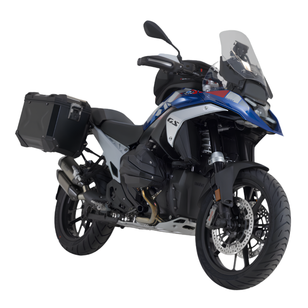 Black SW-Motech TRAX ADV 37L pannier showing durable aluminium construction and lid