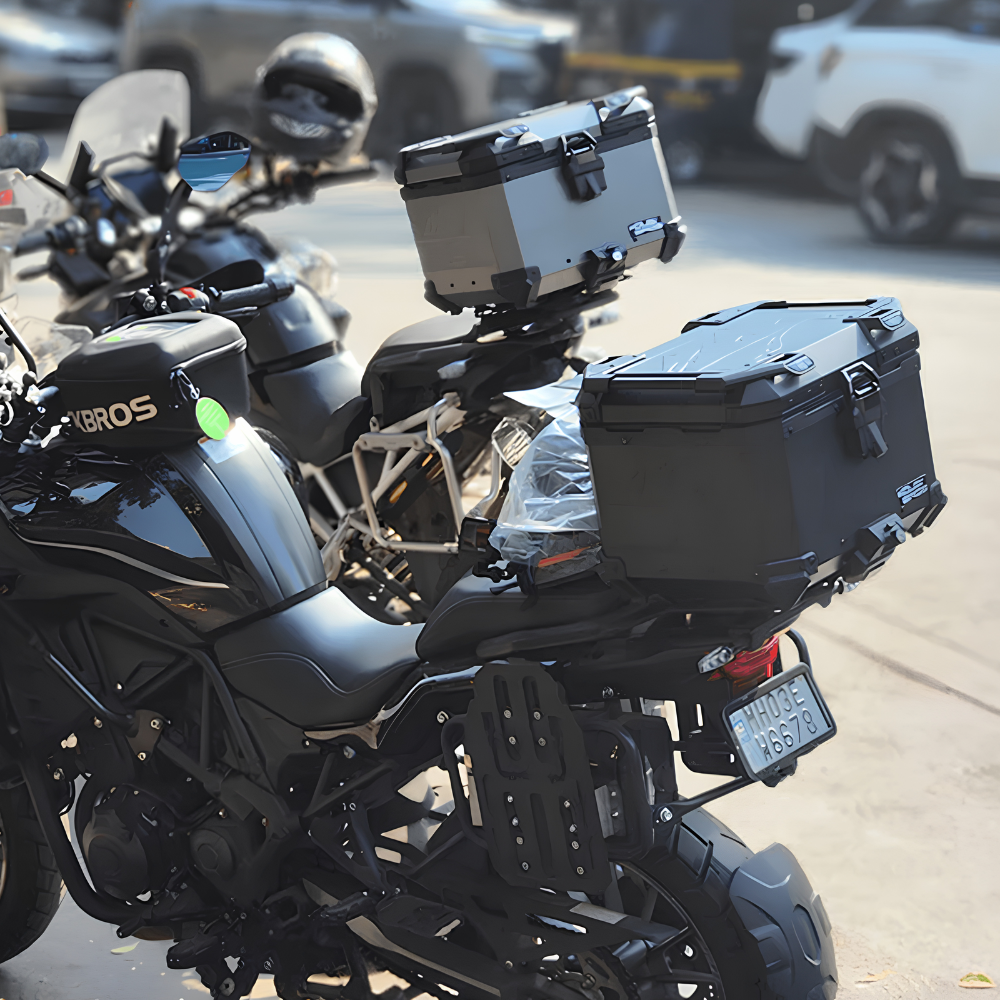 Kolga Bros Black and Silver Beast Moto Trunk 45L with New Terra Lock in bike installed view at 6KIOM (6K)