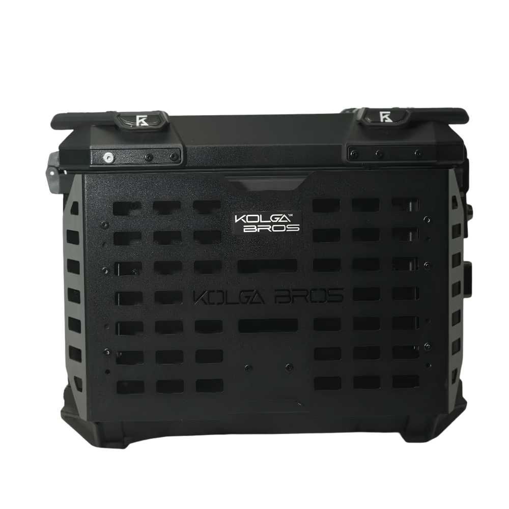 Kolga Bros Camper Moto Side Case 38L mounted on an adventure motorcycle
