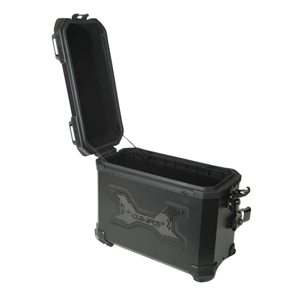 Close-up of the Kolga Bros Carbon Moto side case mounting system