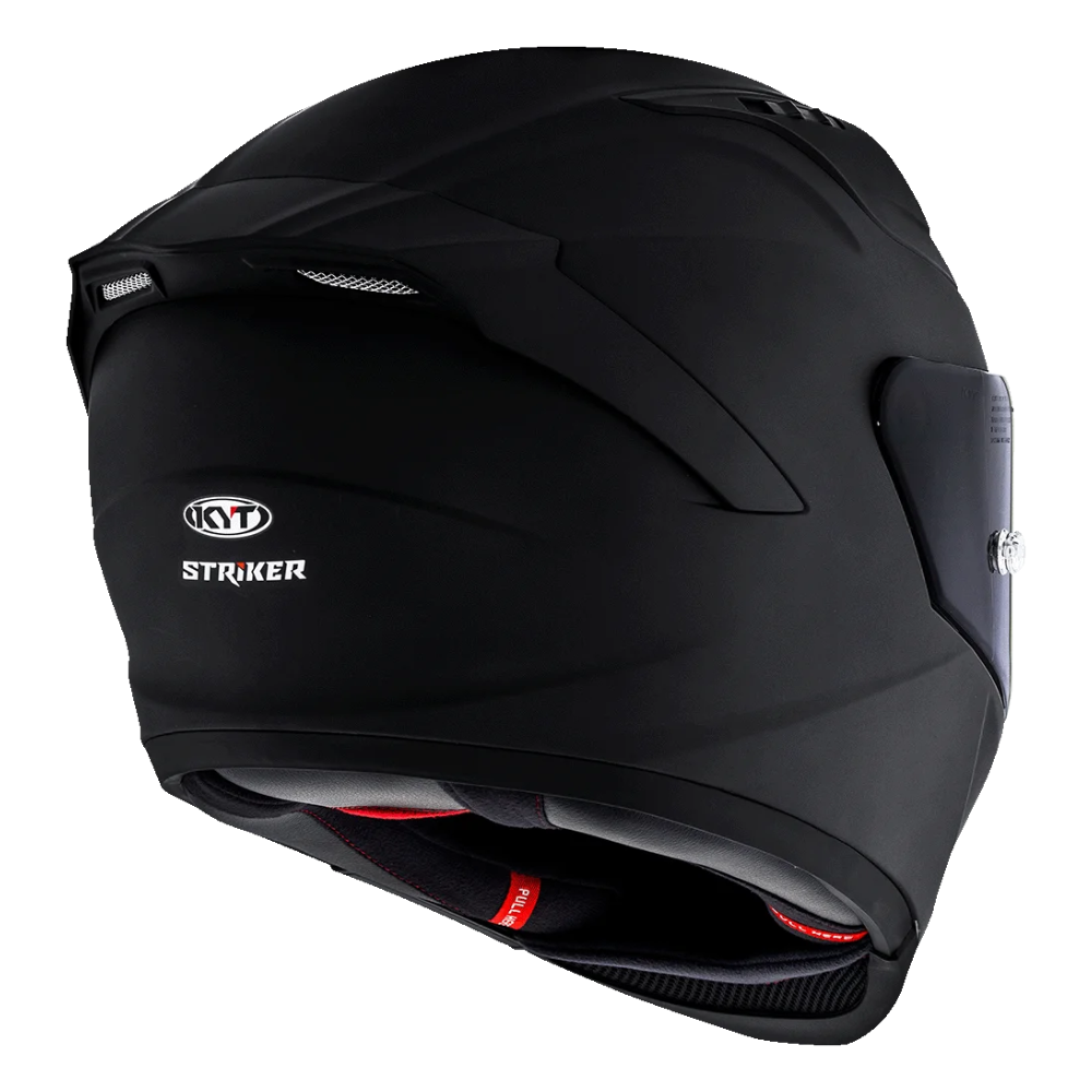 KYT Striker SV Plain Helmet Rear Three Quarter View Showing Striker Branding and Padded Lining in Matt Black | 6KIOM