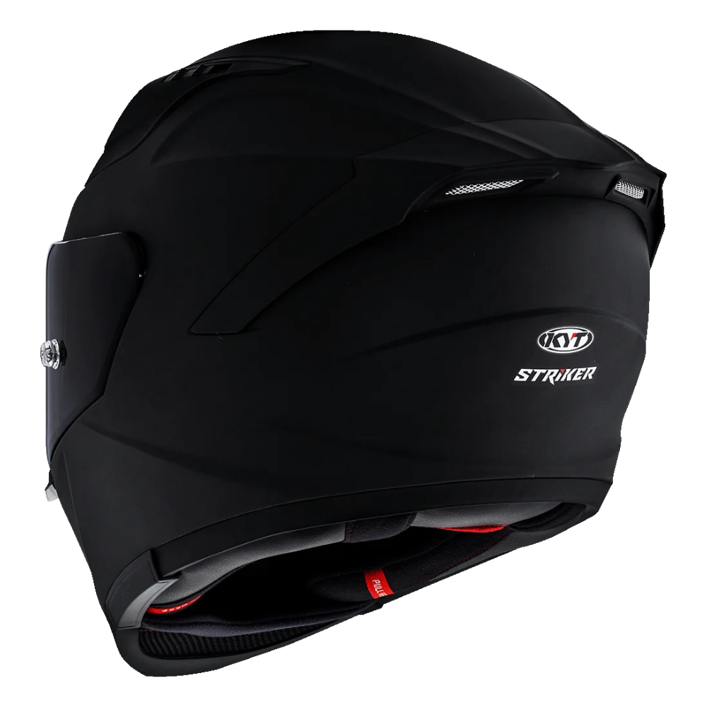 KYT Striker SV Plain Helmet Opposite Rear Angle with Striker Logo and Rear Ventilation in Matt Black | 6KIOM