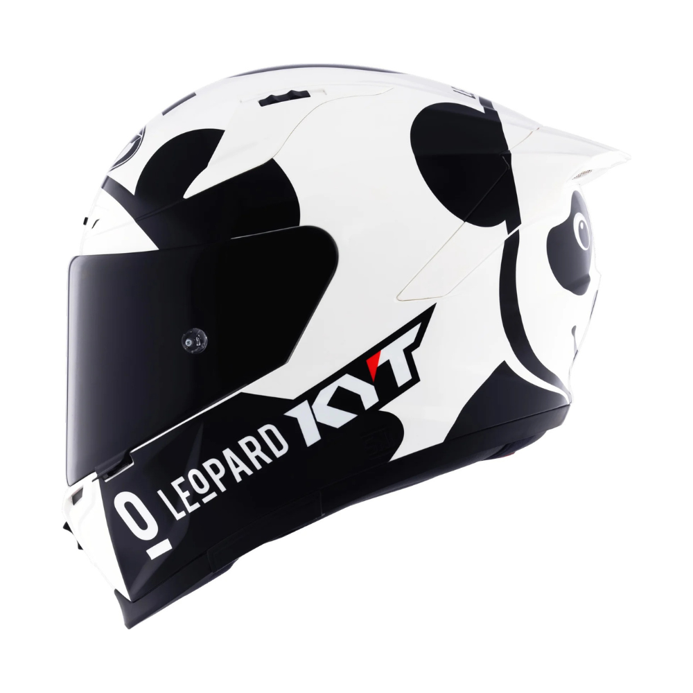 KYT Striker SV Leopard Panda helmet, right side view with vent and visor mechanism
