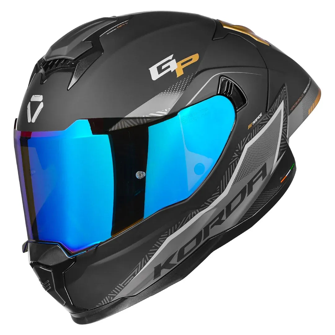Korda Sonic GP Rapide Gold Motorcycle Helmet - Revo Blue Visor