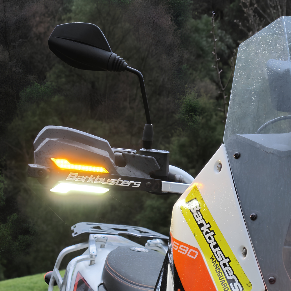Barkbusters Amber LED Indicators Mounted on Motorcycle Handguards