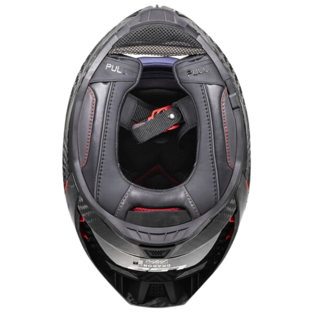 LS2 FF807 Dragon 6K Carbon Sport-Touring Helmet Interior Showing Padded Liner, Red Stitching and Chin Strap | 6KIOM