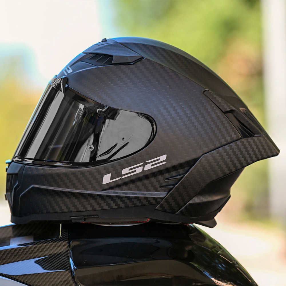 LS2 FF807 Dragon 6K Carbon Sport-Touring Helmet Side Profile Showing Carbon Fibre Shell, Visor and Rear Spoiler | 6KIOM