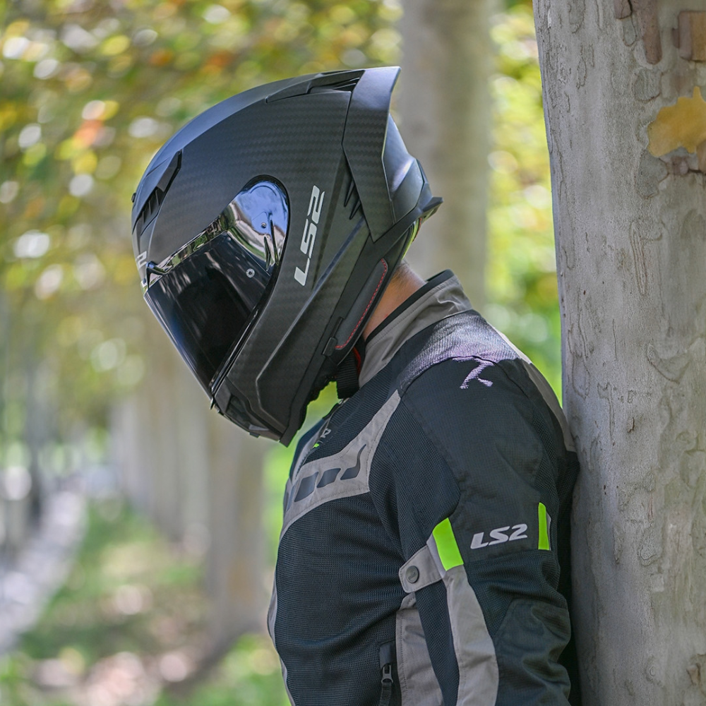 LS2 FF807 Dragon 6K Carbon Sport-Touring Helmet Side View with Dark Visor and Carbon Fibre Shell | 6KIOM