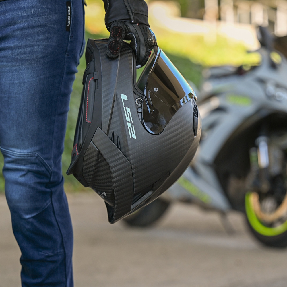 LS2 FF807 Dragon 6K Carbon Sport-Touring Helmet Side View Showing Carbon Fibre Shell and Rear Spoiler | 6KIOM