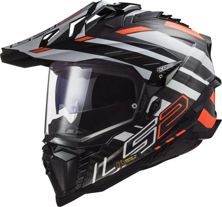 Motorcycle helmet with black, gray, and orange design on a white background