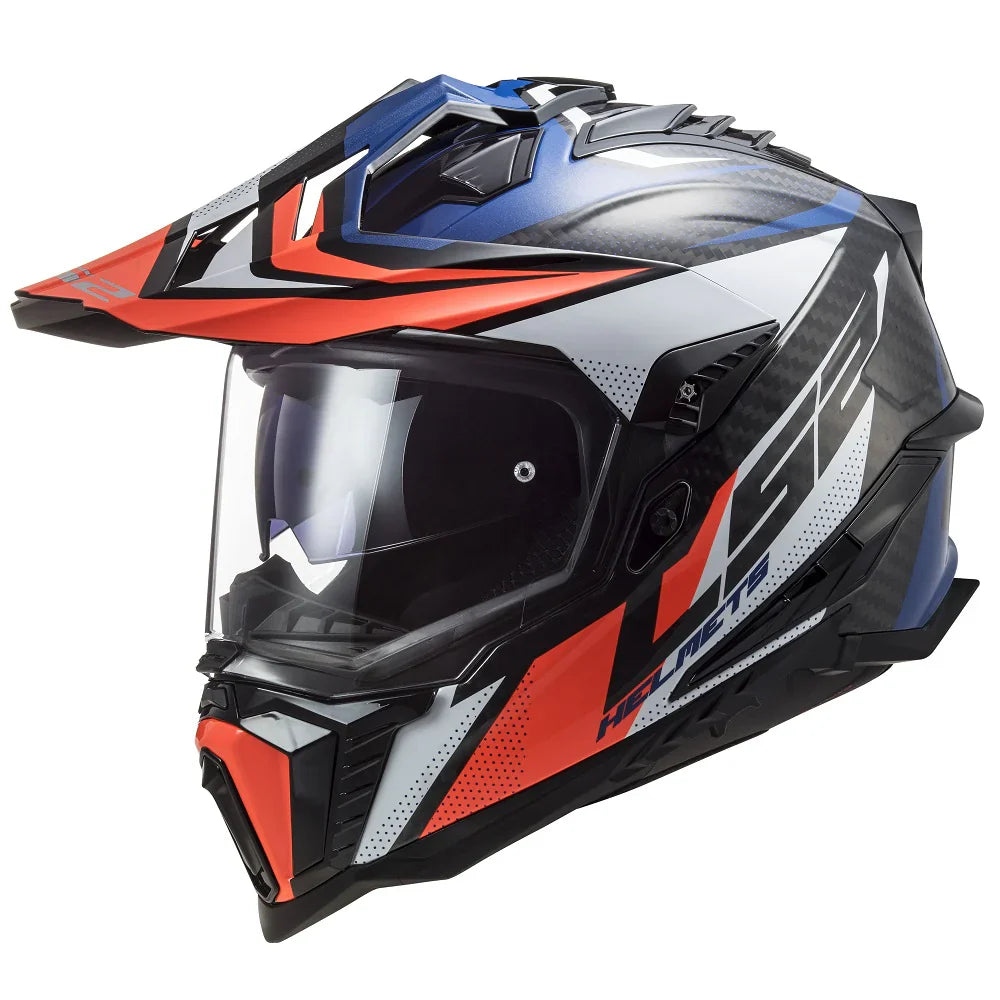 Motorcycle helmet with red, black, and blue design on a white background