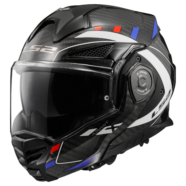 Black motorcycle helmet with red and blue accents on a white background