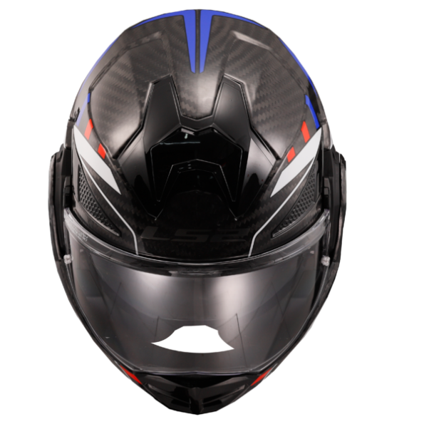 Black motorcycle helmet with blue and red accents on a white background