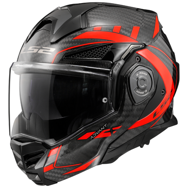 Black and red motorcycle helmet with clear visor on a white background