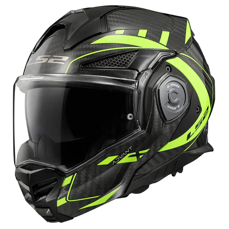 Black and green motorcycle helmet with 'LS2' branding on a white background