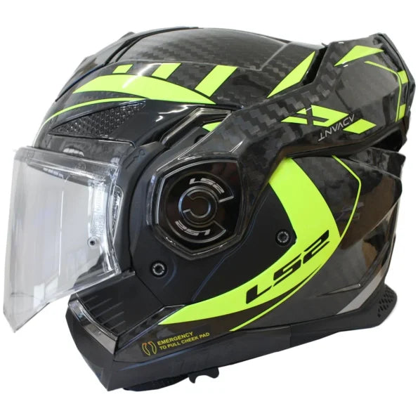 Black and yellow motorcycle helmet with clear visor on a white background
