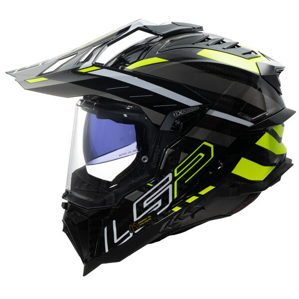 Black and yellow off-road helmet with clear visor on a white background