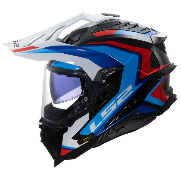 Motorcycle helmet with blue, red, and white design on a white background