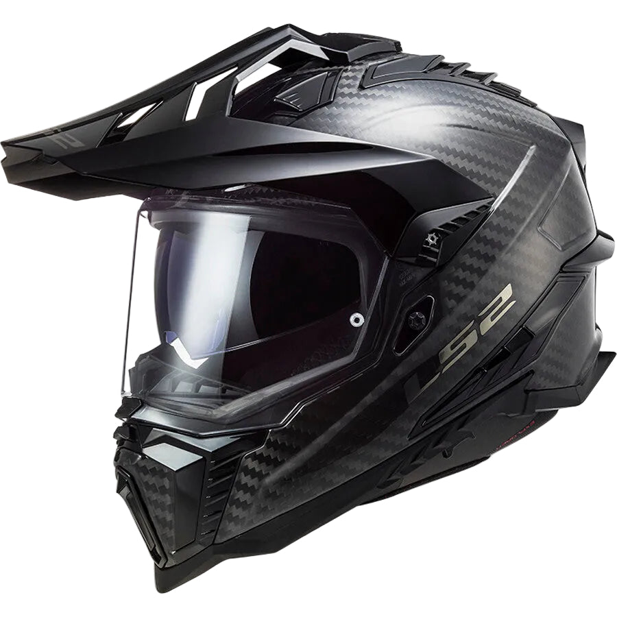 Black and gray off-road helmet with clear visor on a white background