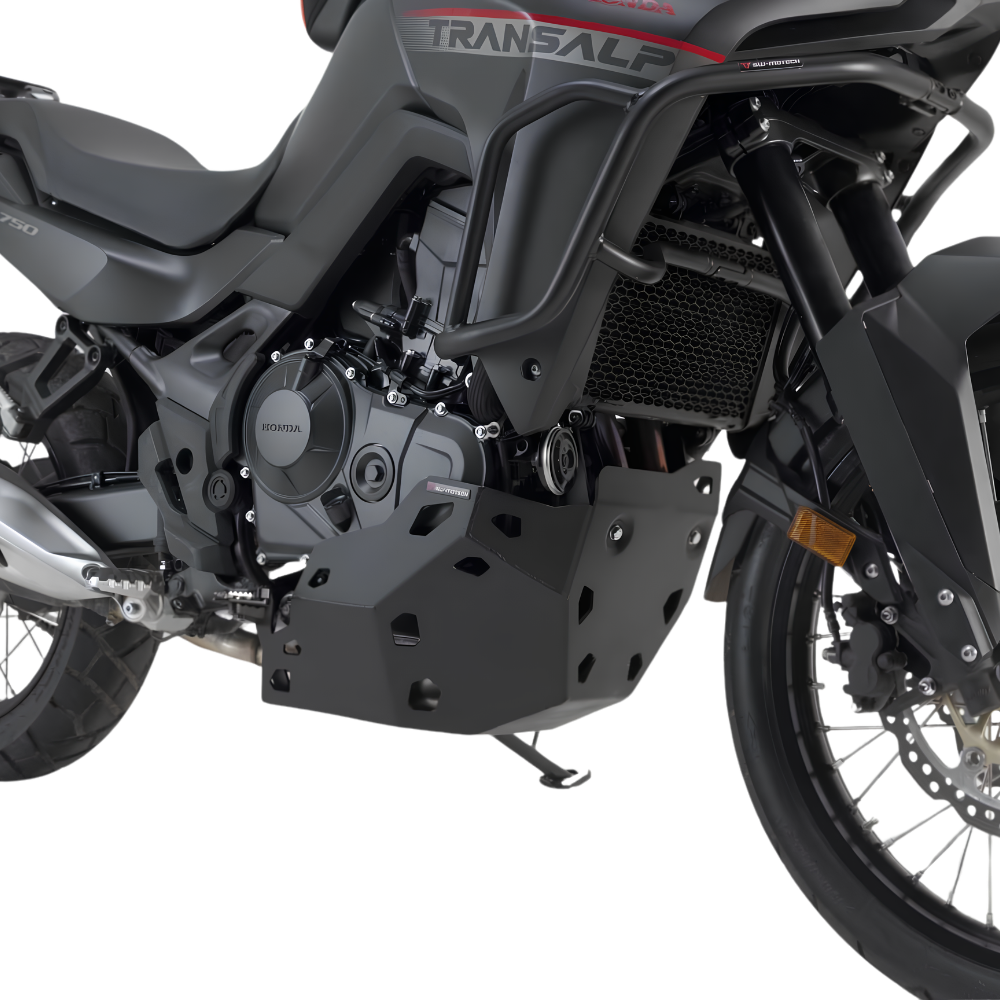 SW-MOTECH Engine Guard fitted to a Honda XL750 Transalp in black powder-coated aluminium