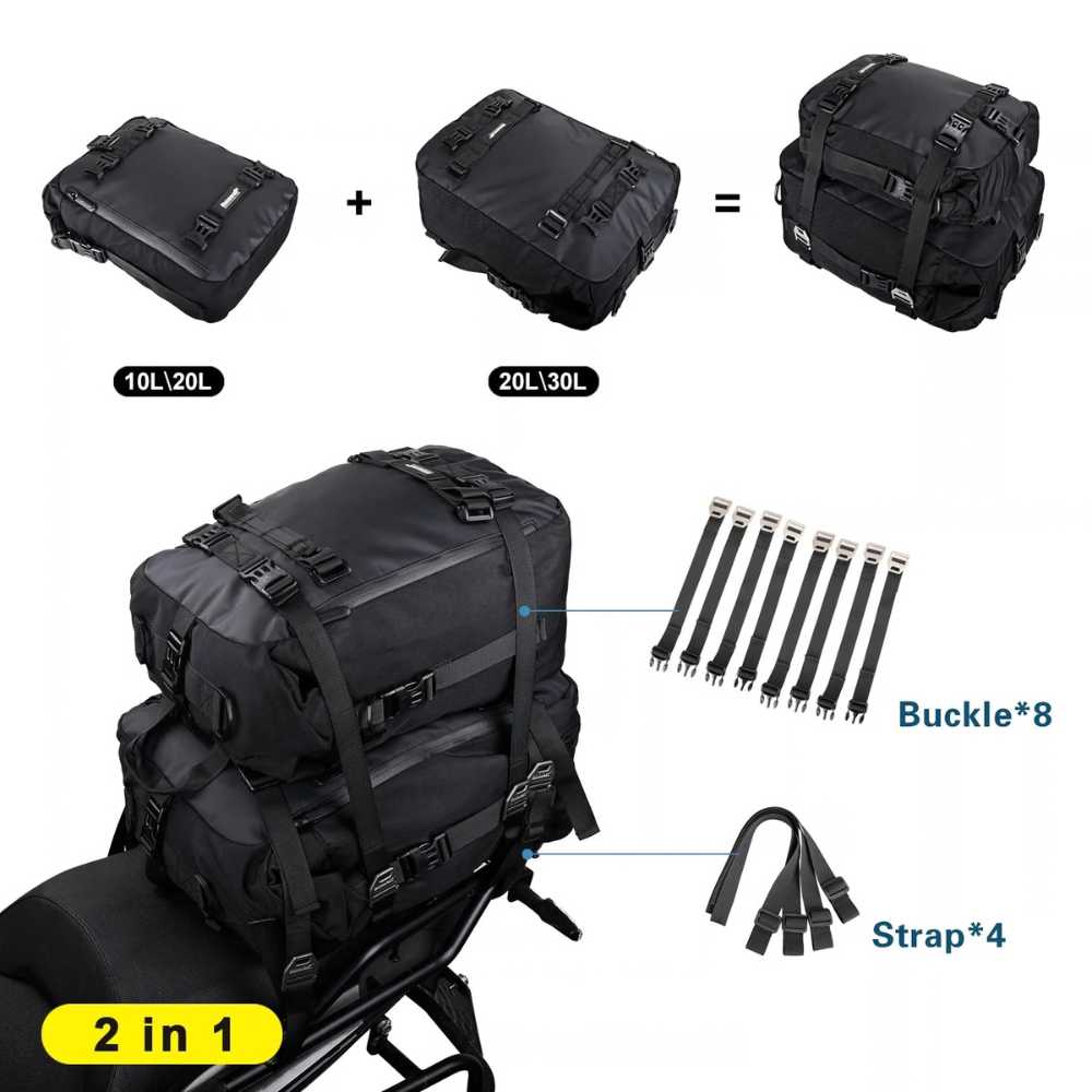 Black backpack with additional components like straps and buckles on a white background