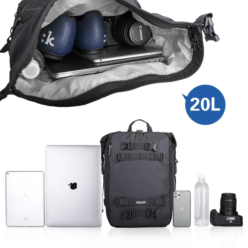 A black 20L backpack shown closed in the center, with an open view of its interior at the top containing a laptop, headphones, and camera lens. Small device and bottle icons appear below the bag to demonstrate capacity.