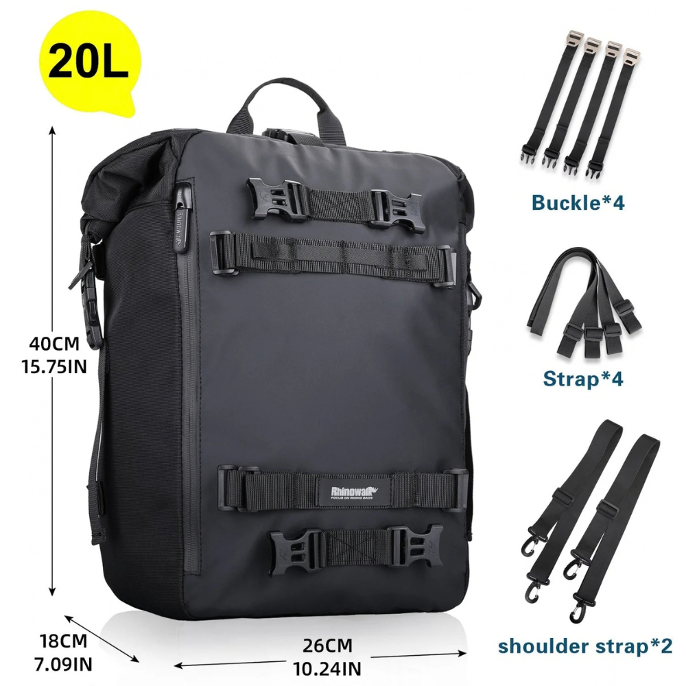 Black 20L backpack shown with dimension labels and included accessory straps on a white background. The image includes measurements for the backpack and separate illustrations of buckle straps, side strap straps, and shoulder strap straps.