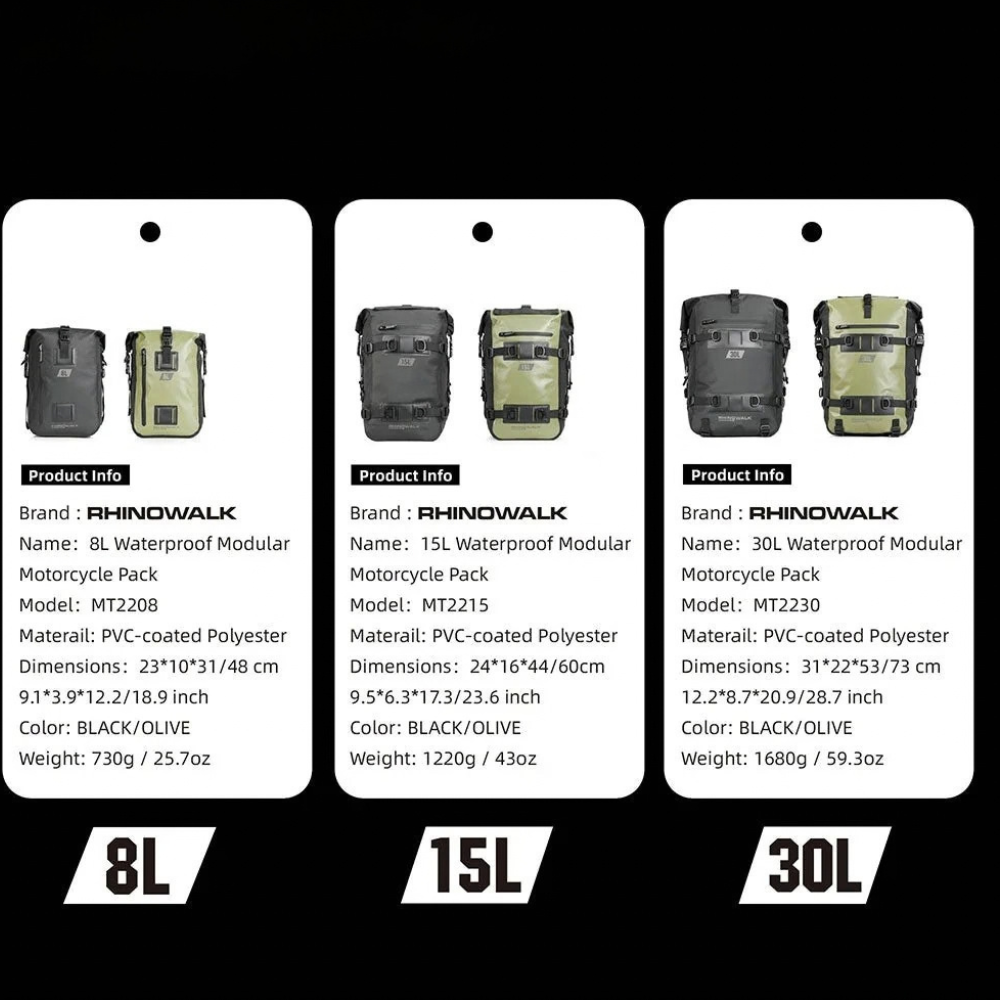 Rhinowalk Modular Motorcycle Dry Bag 8L MT2208 15L MT2215 and 30L MT2230 Product Size Comparison Three Capacity Options Black and Olive Finish | 6KIOM