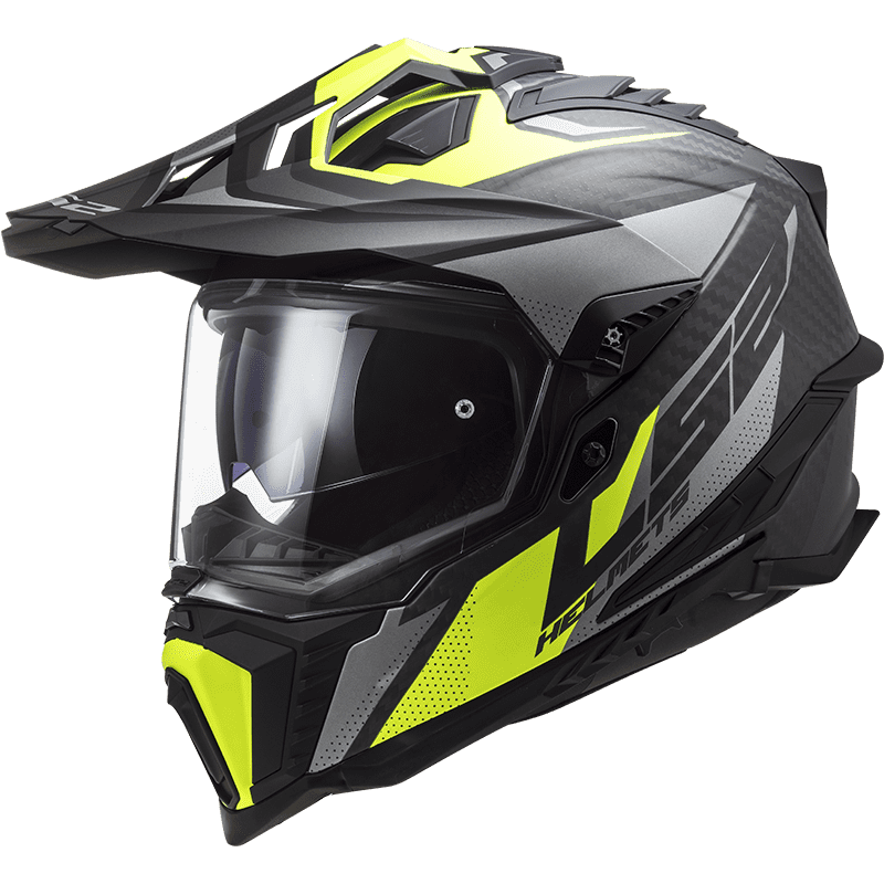 Black and yellow motorcycle helmet with clear visor on a transparent background