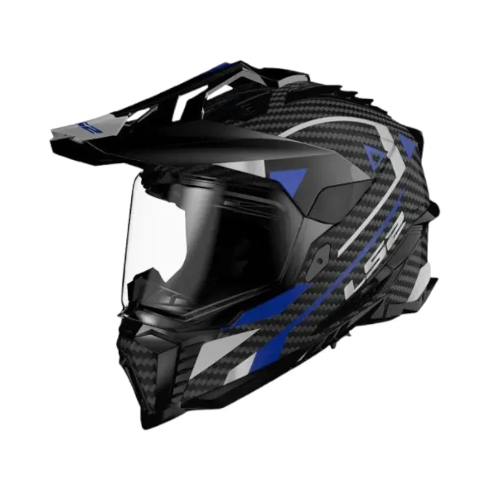 Black and blue off-road helmet on a white background