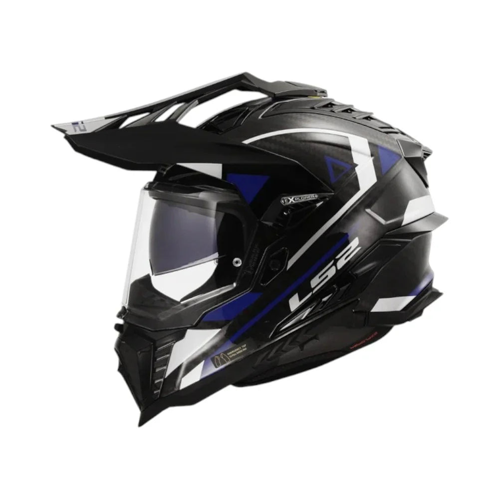Black and blue motorcycle helmet with clear visor on a white background
