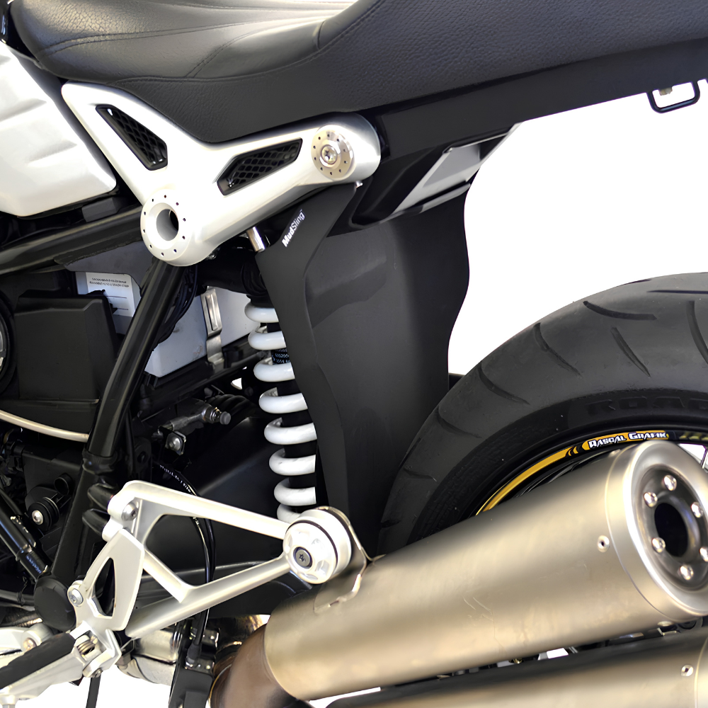 MachineartMoto MudSling R nineT guard protecting the rear shock absorber from mud and road debris.