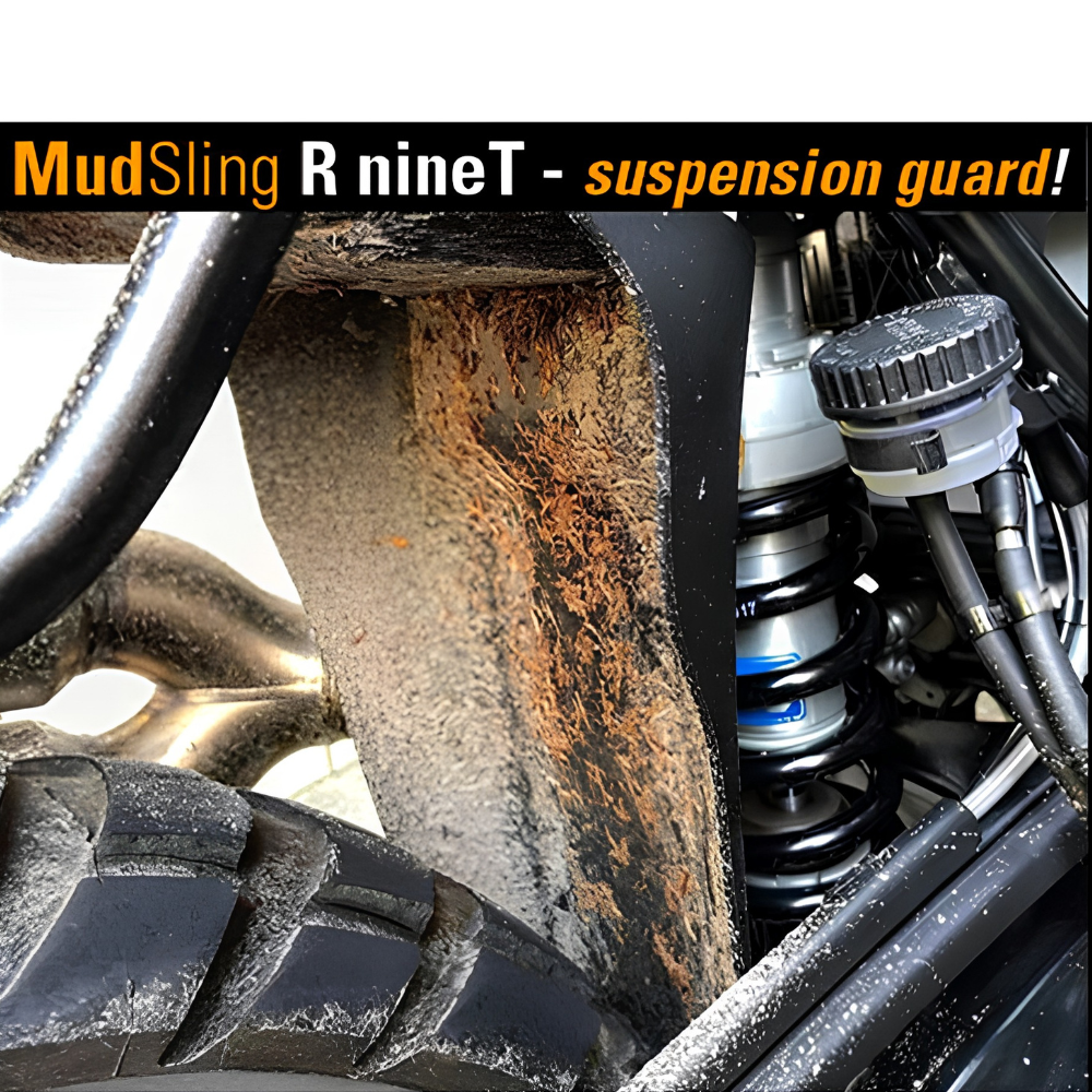 MachineartMoto MudSling R nineT suspension guard with 8 × 12.5-inch coverage area.