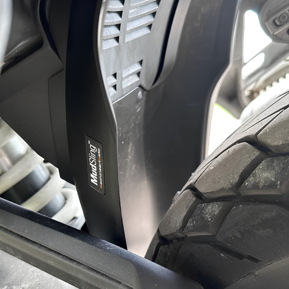 MachineartMoto MudSling R1300 GSA guard protecting the rear shock absorber and Paralever arm.