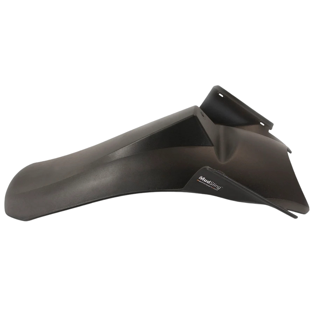 MachineartMoto MudSling R/RS polypropylene rear suspension guard with 8.5 × 16-inch coverage area.