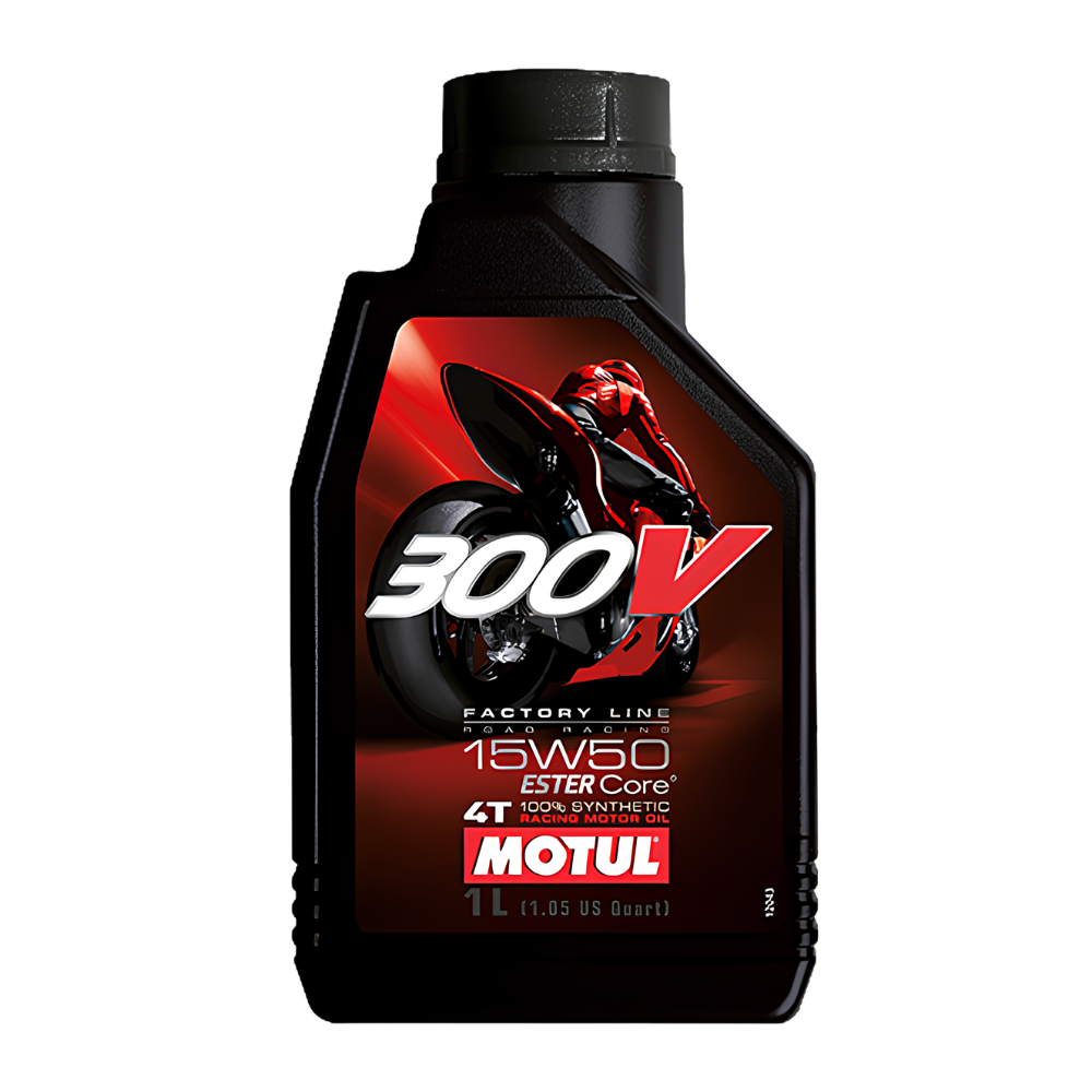 Motul 300V 4T 15W50 bike engine oil bottle designed for high-performance motorcycle engines and racing use.