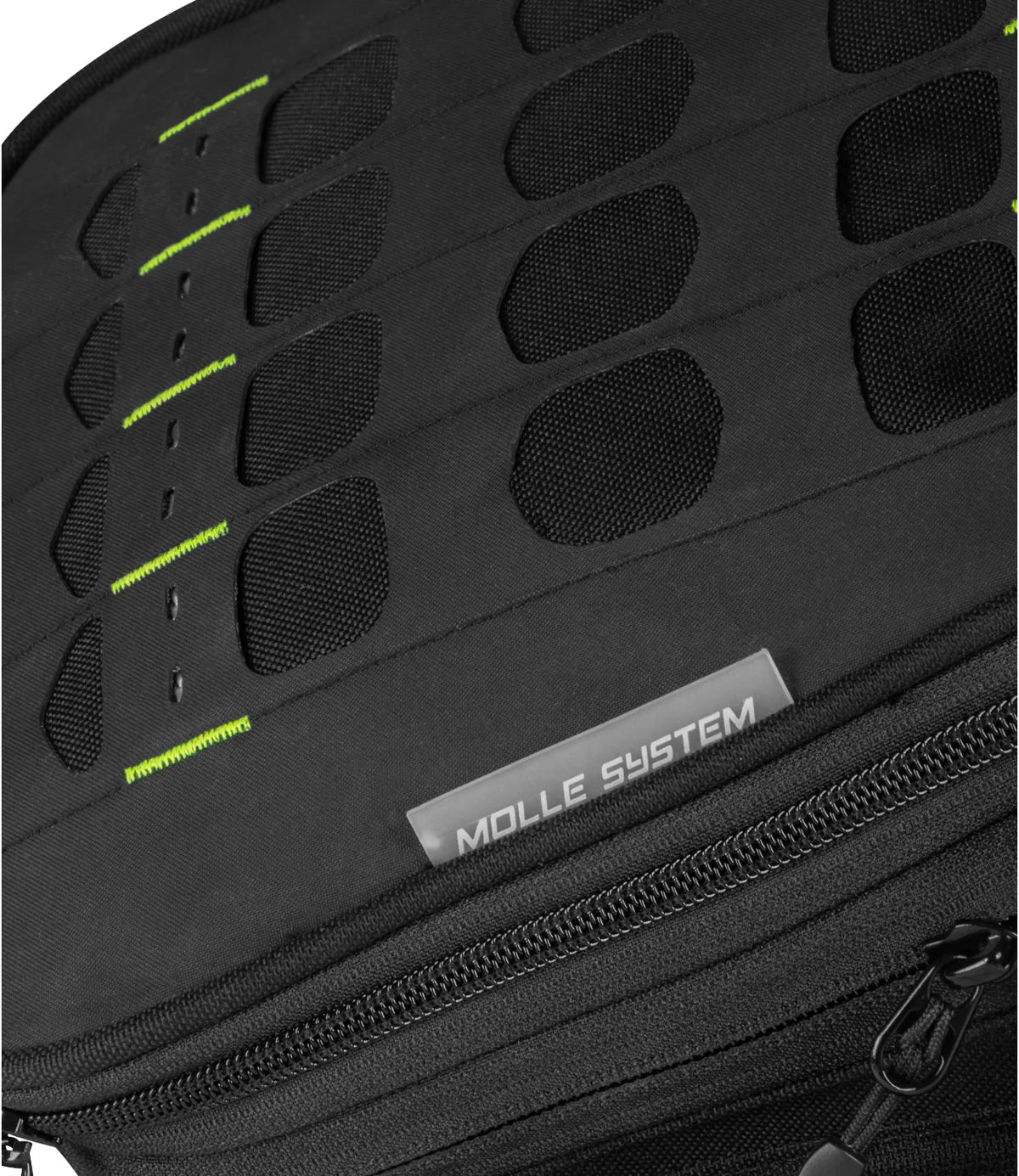 Black backpack with MOLLE system branding and green accents