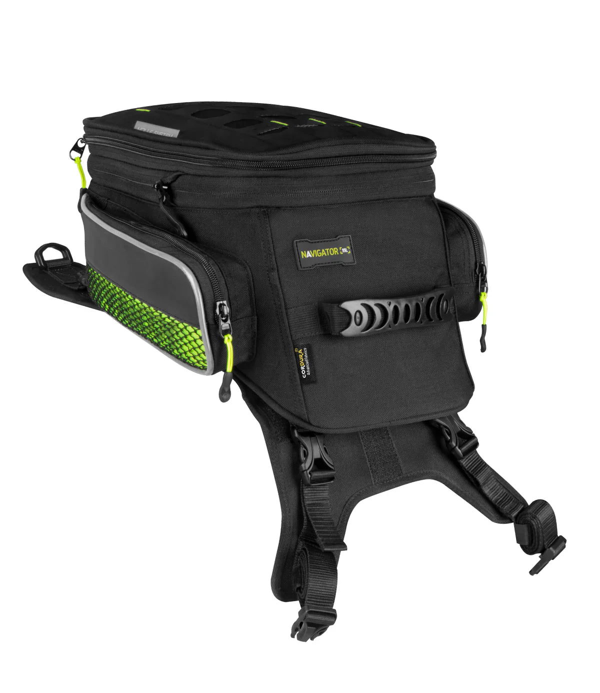 Black motorcycle saddlebag with green accents on a white background