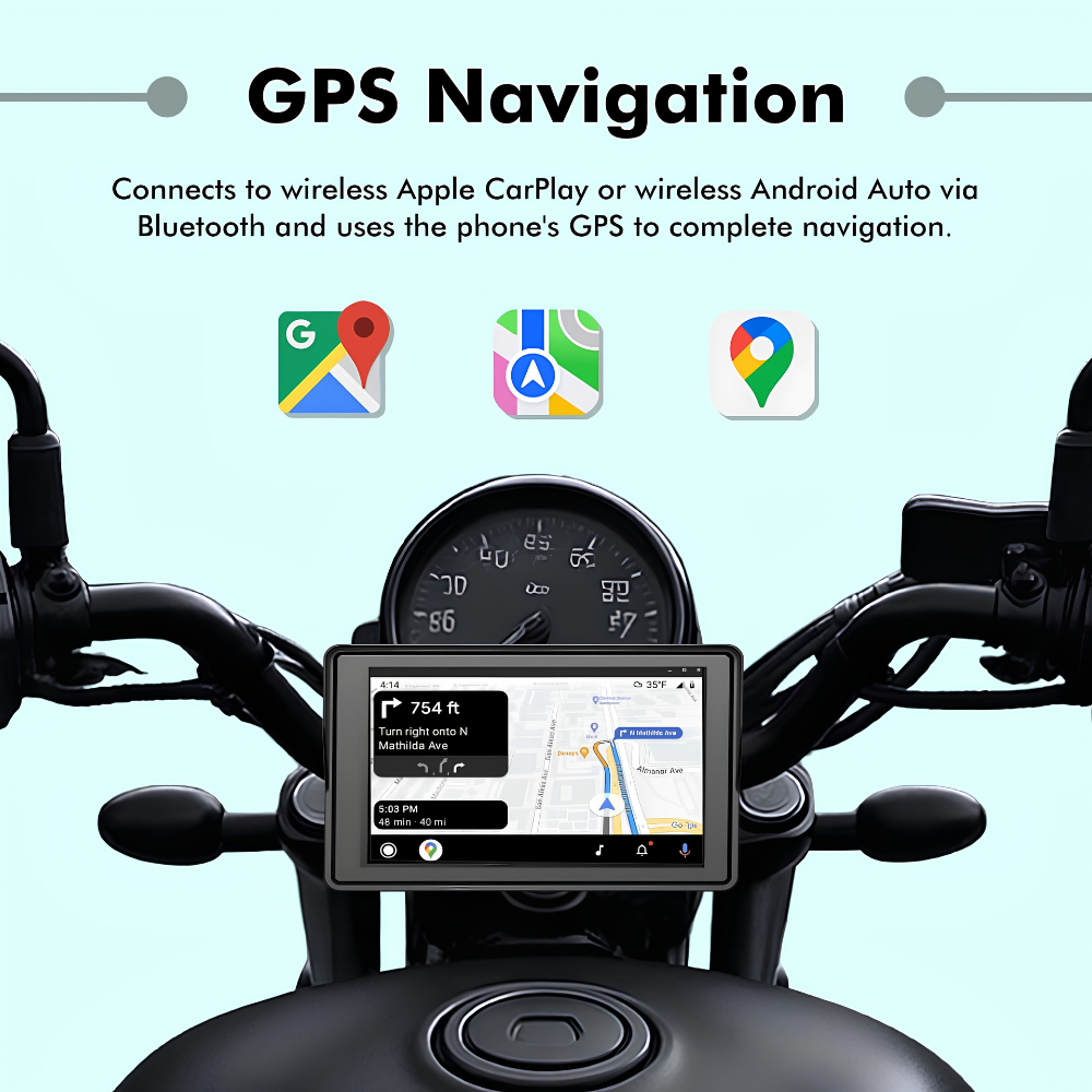 Motorcycle GPS navigation system with Apple CarPlay and Android Auto connectivity on a white background.