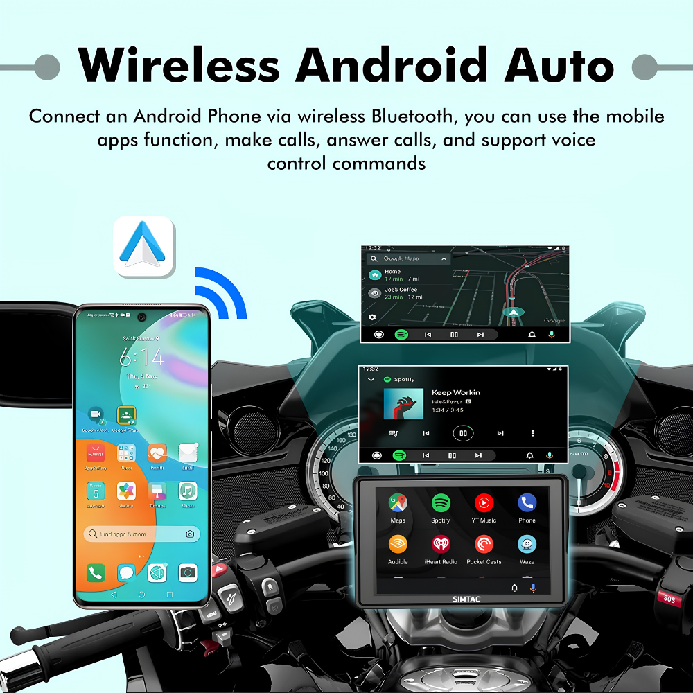 A motorcycle dash screen display system shown with a smartphone on the left and multiple in-car screen mockups on the right, under the heading 'Wireless Android Auto' with explanatory text about connecting an Android phone via wireless Bluetooth.